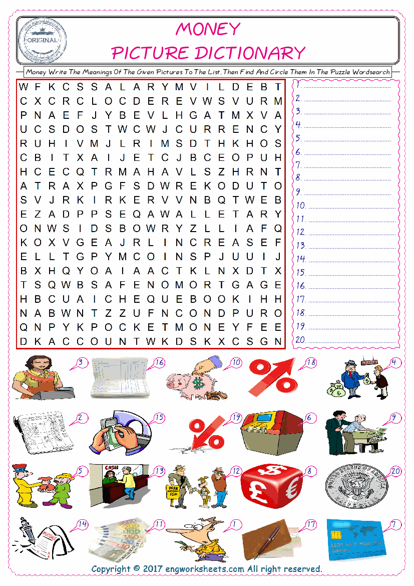  For kids, check the picture of Money find, and write the word and find it in the word puzzle ESL printable worksheet. 